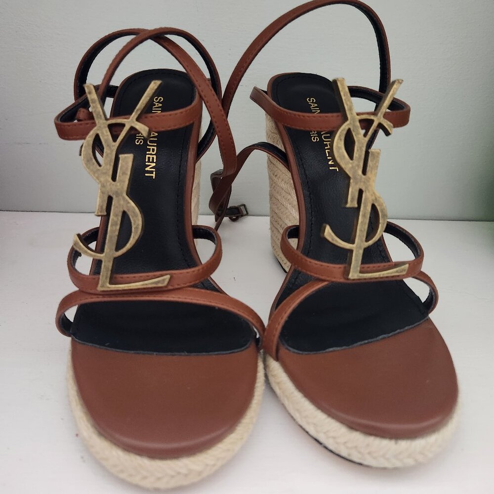 YSL Saint Laurent Espadrille Wedge Sandals – Size 37, Brown Leather, Like New